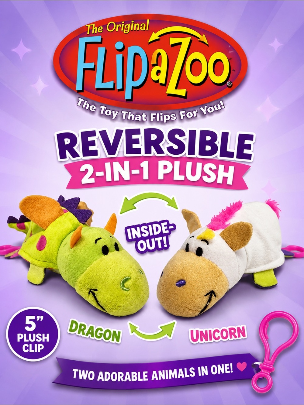 Flipazoo 2-in-1 Reversible Dragon & Unicorn Plush Clip 5” | NWT